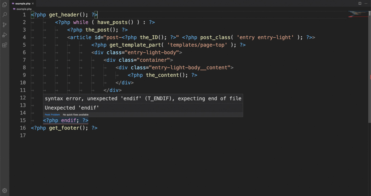 Screenshot of a typical error provided by basic php linter in VS Code